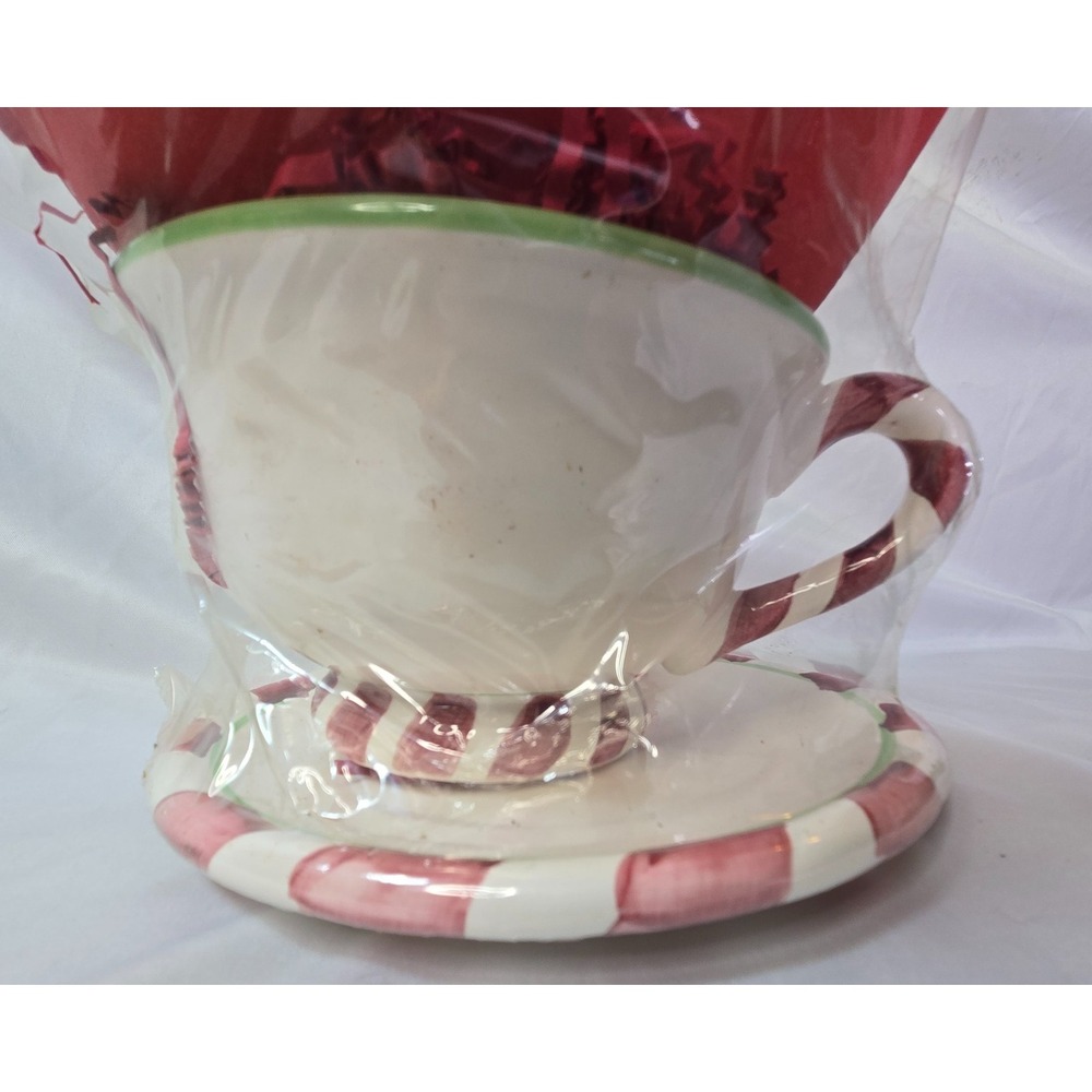 Christmas Candy Cane Jumbo Coffee Mug 6" D 4" H and Saucer 8" D New Sealed - Picture 10 of 15